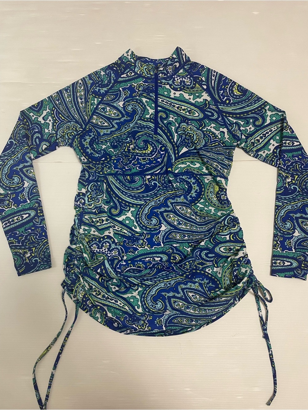 Coolibar Lawai Ruche Swim Shirt Blue Green Paisley Size Small